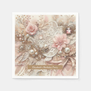 Roze Ivoor Beige Bloemen Verjaardagsfeest Servet