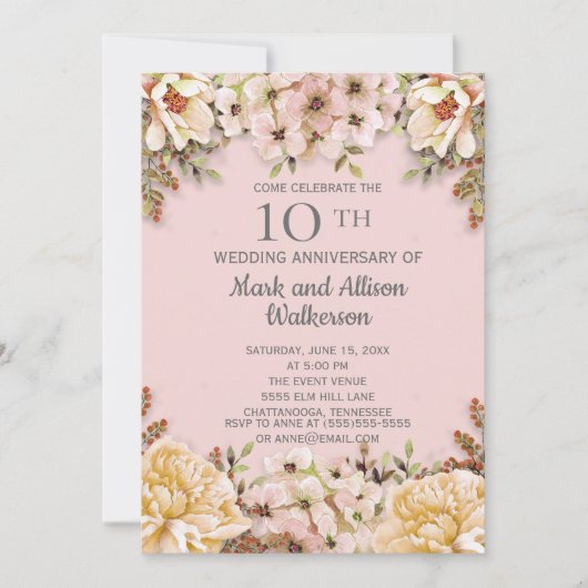 Roze ivoor bloem 10de huwelijksverjaardag kaart (Voorkant)