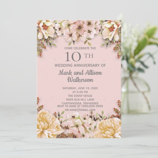 Roze ivoor bloemig 10-jarig huwelijksjubileum kaart (Staand voorkant)