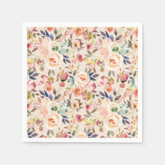  roze ivoor - bruine waterverf rustige floraal servet (Voorkant)