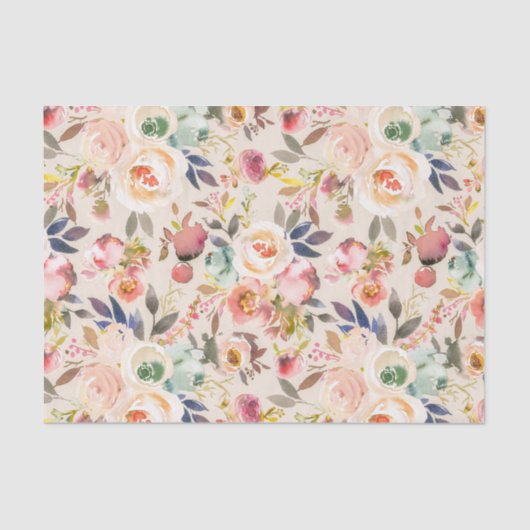  roze ivoor - bruine waterverf rustige florale  tissuepapier (Voorkant)
