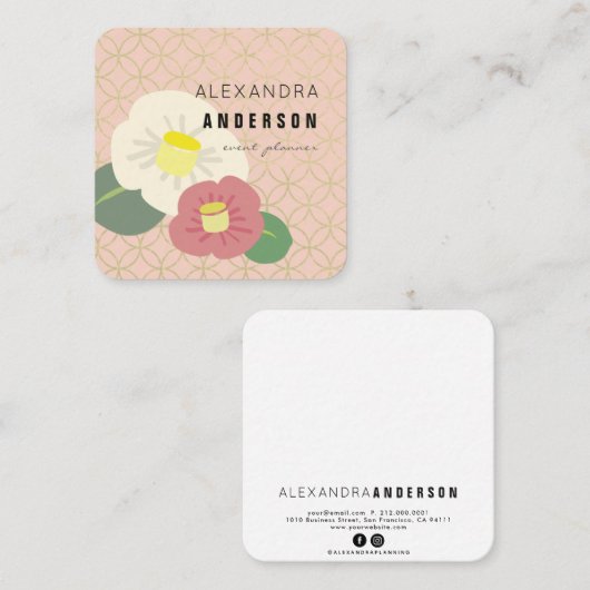 Roze & Ivoor Camellia Roze Vierkant Visitekaartje (Voorkant / Achterkant)