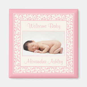 Roze Ivoor Floral Damask Baby Fotomagneet Magneet