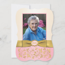 Roze, ivoor, Gold 65th Photo Birthday Invitation Kaart