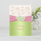 Roze ivoor Groen Gevoegd Geheime Monogramuitnodigi Kaart (Staand voorkant)