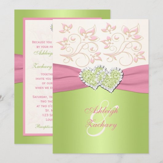 Roze ivoor Groen Gevoegd Geheime Monogramuitnodigi Kaart (Voorkant / Achterkant)