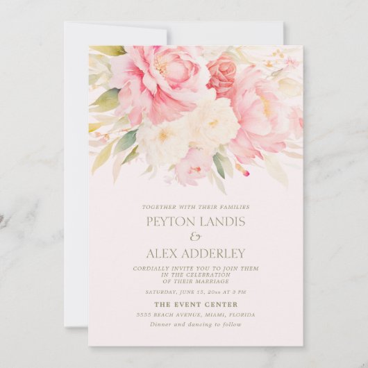 Roze Ivoor Waterverf Bloemen Pioenrozen Bruiloft Kaart (Voorkant)