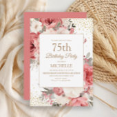 Roze Ivoor Wit Bloemen Goud Glitter 75e Verjaardag Kaart