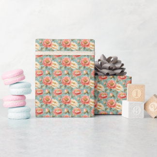 Roze & ivoorbloemen op turquoise  cadeaupapier
