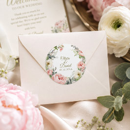 Roze & Ivoorkleurige Pioen Huwelijks Envelope Zege Ronde Sticker