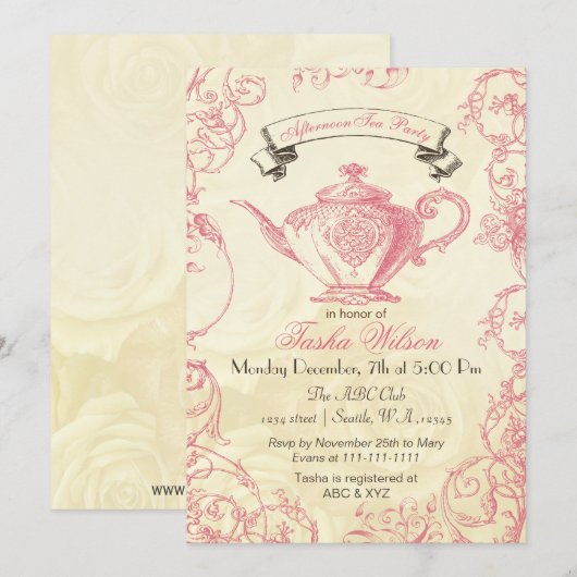 Roze ivoorkleurige rozen vintage theekrans uitnodi kaart (Voorkant / Achterkant)