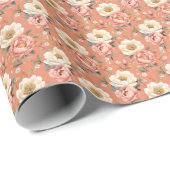 Roze & Ivoren pioenen op gedempt Sinaasappel Cadeaupapier (Rol Hoek)