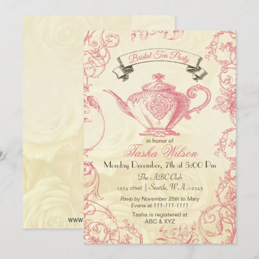 Roze ivoren Rozen  Bridal Tea Invites Kaart (Voorkant / Achterkant)