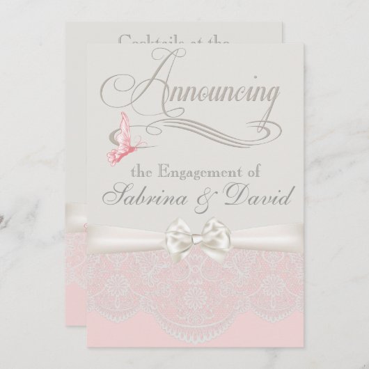 Roze & Ivoren Vlinders en Kant Verloving Aankondiging (Voorkant / Achterkant)