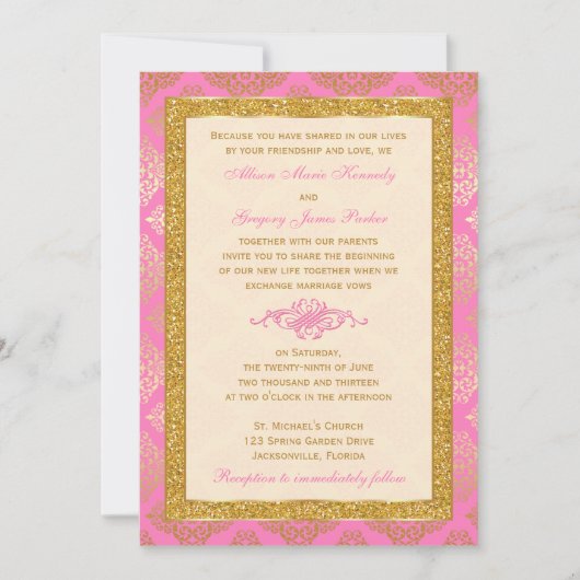 Roze, Ivory, Gold Glitter, Damask Wedding Invite Kaart (Voorkant)