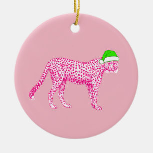 Roze Jachtluipaard in een Pet van de Kerstman Keramisch Ornament