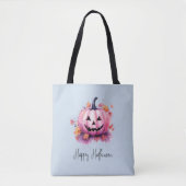 Roze Jack-O' Lantaarn Lichtblauw Halloween Tote Bag (Voorkant)