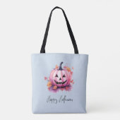 Roze Jack-O' Lantaarn Lichtblauw Halloween Tote Bag (Achterkant)