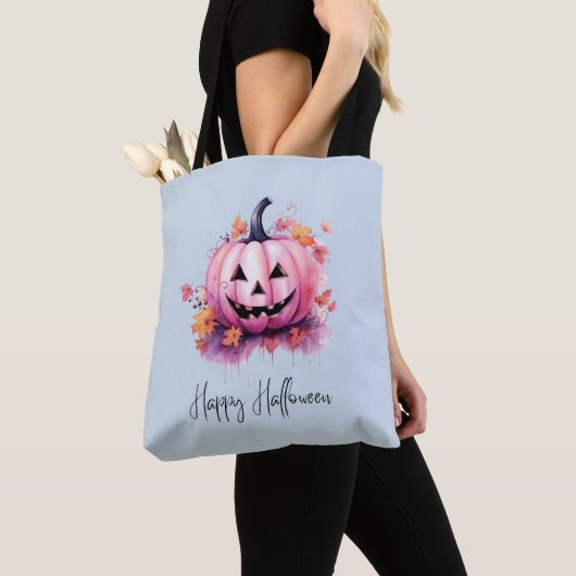 Roze Jack-O' Lantaarn Lichtblauw Halloween Tote Bag (Dichtbij)