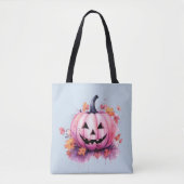 Roze Jack-O' Lantaarn Lichtblauw Halloween Tote Bag (Voorkant)
