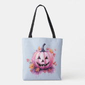 Roze Jack-O' Lantaarn Lichtblauw Halloween Tote Bag (Achterkant)
