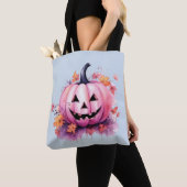 Roze Jack-O' Lantaarn Lichtblauw Halloween Tote Bag (Dichtbij)
