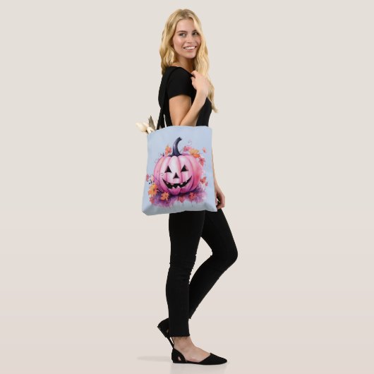 Roze Jack-O' Lantaarn Lichtblauw Halloween Tote Bag (Op model)