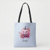 Roze Jack-O' Lantaarn Lichtblauw Halloween Tote Bag (Voorkant)