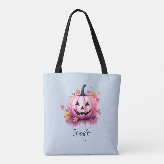 Roze Jack-O' Lantaarn Lichtblauw Halloween Tote Bag (Achterkant)