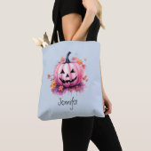 Roze Jack-O' Lantaarn Lichtblauw Halloween Tote Bag (Dichtbij)