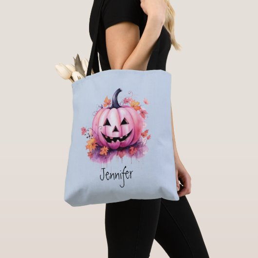 Roze Jack-O' Lantaarn Lichtblauw Halloween Tote Bag (Dichtbij)