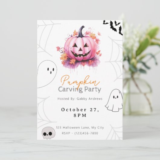 Roze Jack-O' Lantaarn Pompoen Carving Party Kaart (Staand voorkant)