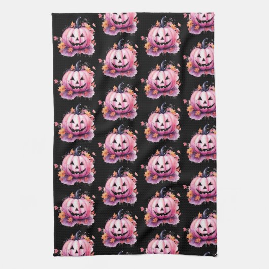 Roze Jack-O' lantaarn Sinaasappel bladeren zwart H Theedoek (Verticaal)