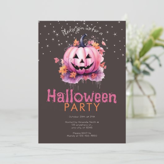 Roze Jack-O' Lantern laat sterren Halloween Party Kaart (Staand voorkant)