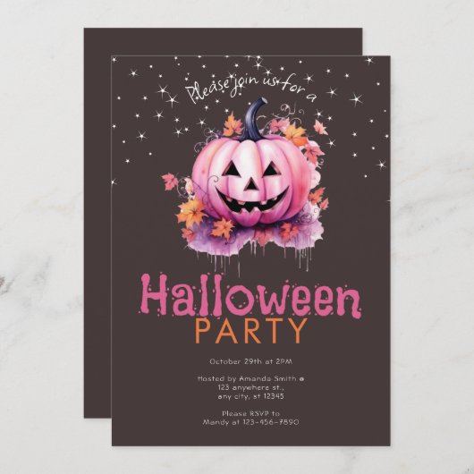 Roze Jack-O' Lantern laat sterren Halloween Party Kaart (Voorkant / Achterkant)