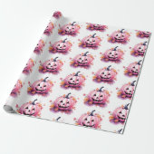 Roze Jack-O' Lantern Oranje Bladeren Witte Hallowe Cadeaupapier (Uitgerold)