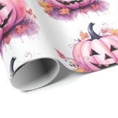 Roze Jack-O' Lantern Oranje Bladeren Witte Hallowe Cadeaupapier (Rol Hoek)