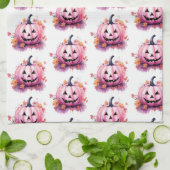 Roze Jack-O' Lantern Oranje Bladeren Witte Hallowe Theedoek (Gevouwen)
