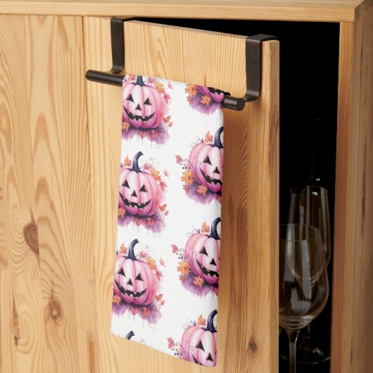 Roze Jack-O' Lantern Oranje Bladeren Witte Hallowe Theedoek (Derde Gevouwen)