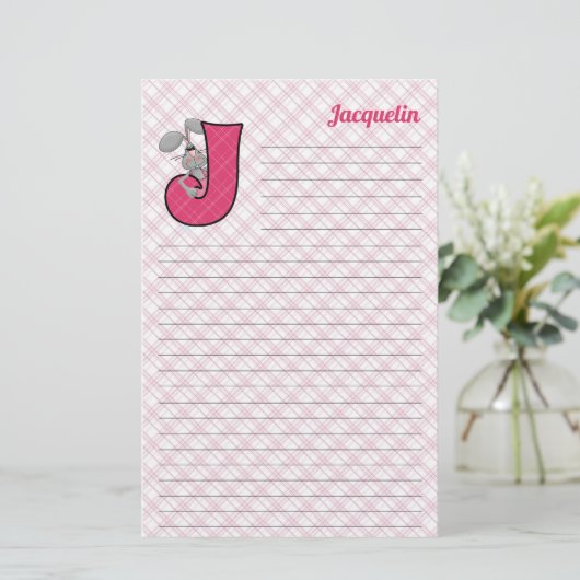 Roze Jackrabbit Mongram Letter J Lined Briefpapier (Staand voorkant)