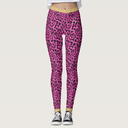 Roze jaguar Skin Print Gold Glitter Chic Monogram Leggings (Voorkant)