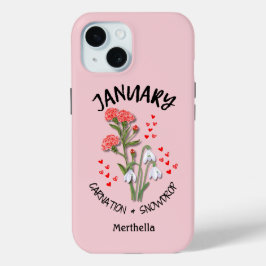 Roze JANUARI Geboorte Maand Bloem Aangepaste naam iPhone 15 Case