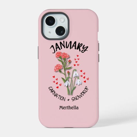 Roze JANUARY Geboortemaand Bloem Aangepaste Naam iPhone 15 Case (Achterkant)
