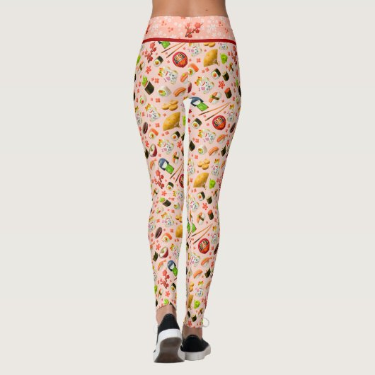 Roze Japans Maneki Neko Kat en Sushi Leggings (Achterkant)