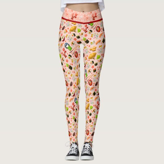 Roze Japans Maneki Neko Kat en Sushi Leggings (Voorkant)