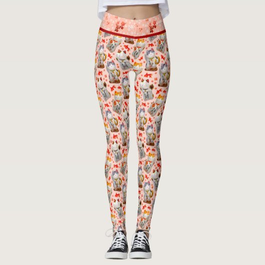 Roze Japans Maneki Neko Kat en Sushi Leggings (Voorkant)