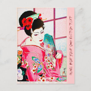 Roze japanse schoonheid Lady Geisha roze fan art Briefkaart