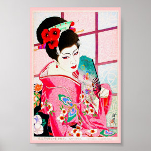 Roze japanse schoonheid Lady Geisha roze fan art Poster