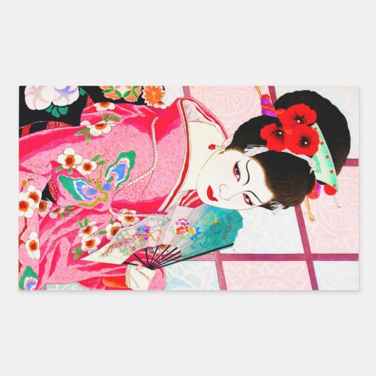 Roze japanse schoonheid Lady Geisha roze fan art Rechthoekige Sticker (Voorkant)