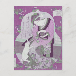Roze Japanse Vrouw en Kat / ReMix of Jewel Utagawa Briefkaart